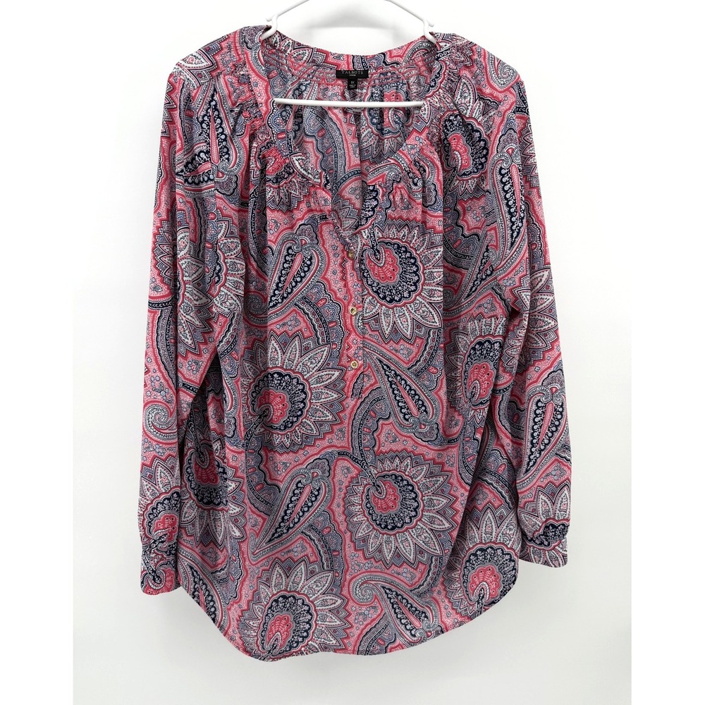 Talbots Paisley V-Neck Shirt Women 1X Pink Excellent Casual Button Long Sleeve